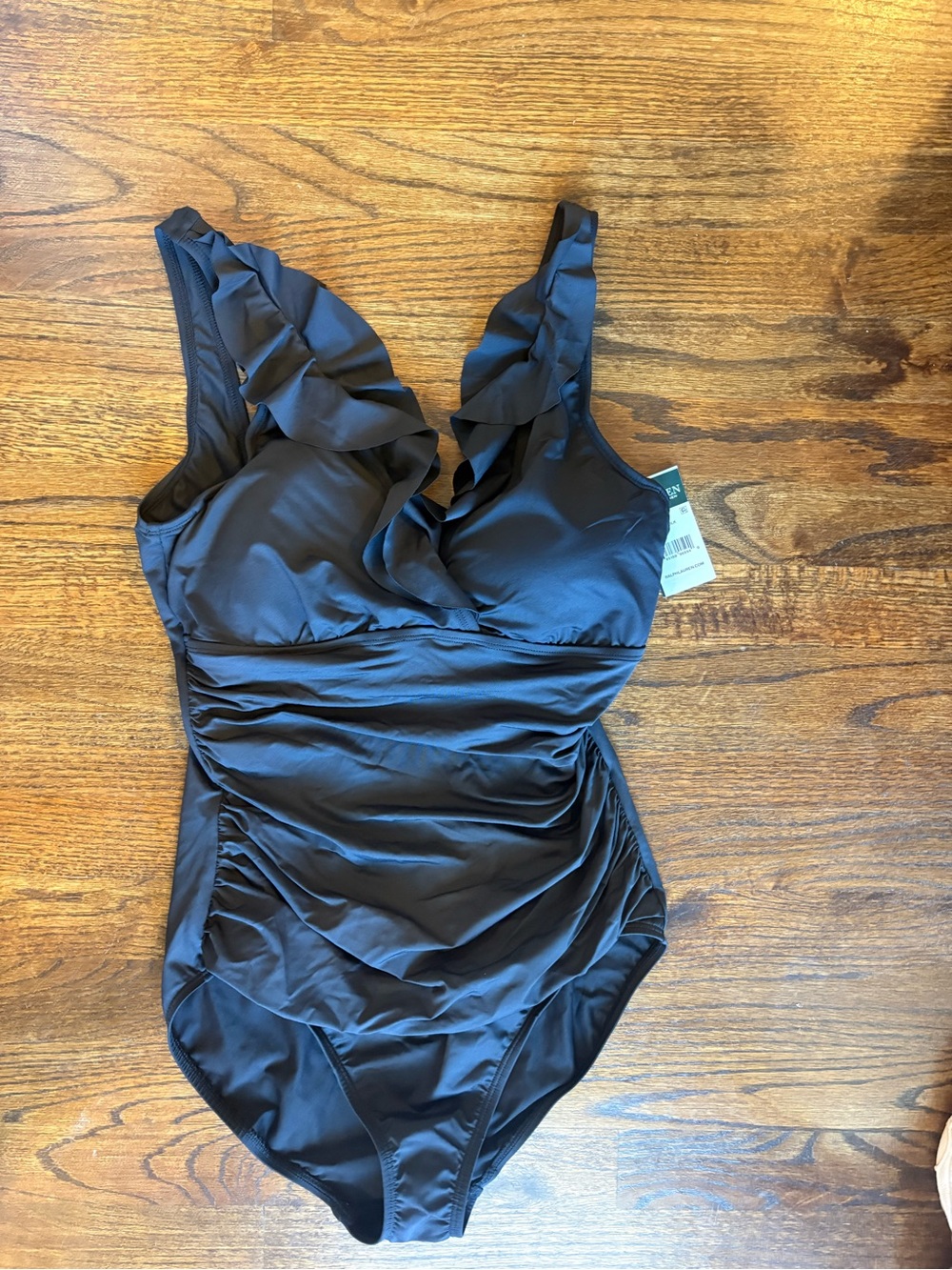 Lauren Ralph Lauren Black Ruffle-Trim One-Piece Swimsuit underwire NEW